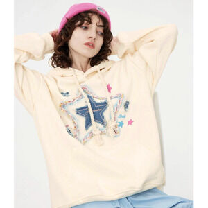 Aelfric Eden XS Star Hoodie Cream Applique Oversized Embroidered Fleece Lined